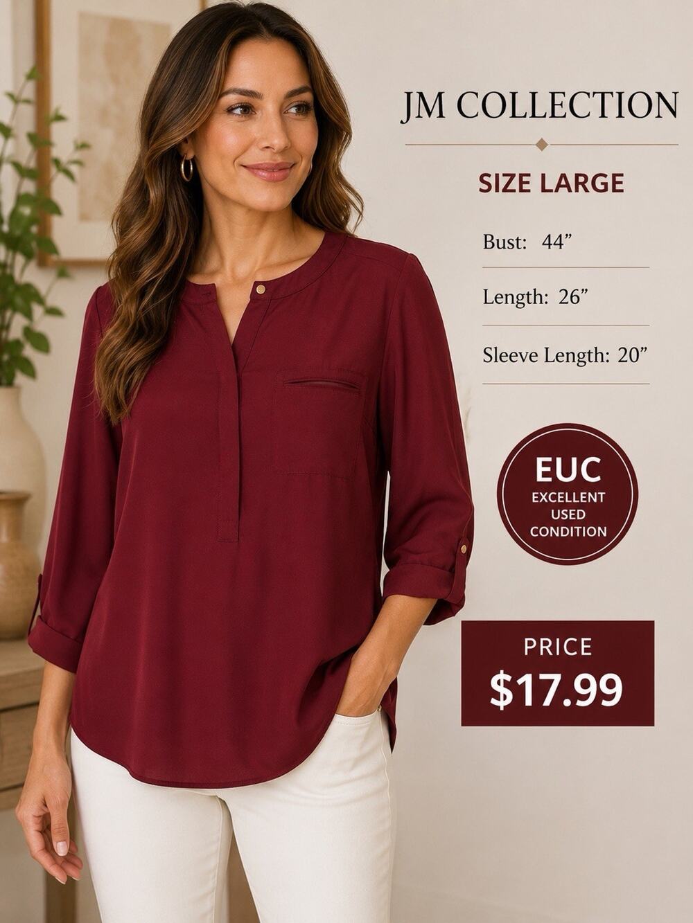 JM Collection Woman’s Size Large Burgundy Longsleeve Blouse 1/4 Button Up EUC